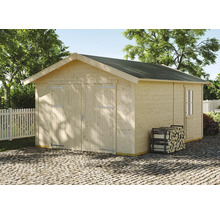 Holzgarage mit Doppeltür und Fenster im Garten