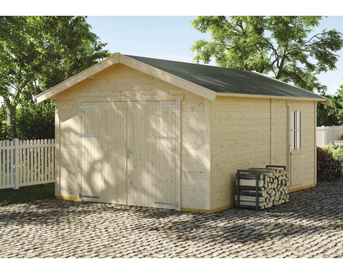 Blockbohlengarage SKAN HOLZ Varberg 1 370 x 525 cm natur Holzgarage mit Doppeltür und Fenster im Garten