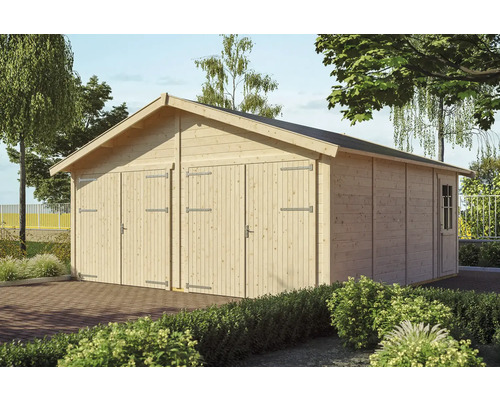 Blockbohlengarage SKAN HOLZ Varberg 3 570 x 525 cm natur Holzgarage mit drei Türen und einem Fenster