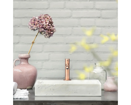 Szene mit einem Aufsatzwaschbecken aus Marmor, einer Armatur, Blumen und Dekorartikeln auf einer Ablage vor einer Wand.