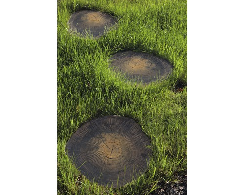 Drei Baumstumpf-Trittsteine im Gras