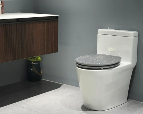 Weißes WC mit grauem Toilettensitz in Badezimmerumgebung