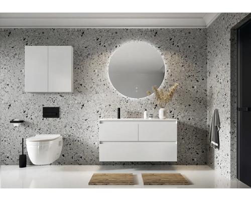 Modernes Badezimmer mit Waschtisch, Spiegelschrank, runden Spiegel mit Beleuchtung und hängendem WC