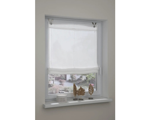 Fenster mit weißem Faltrollo und Dekoration auf der Fensterbank