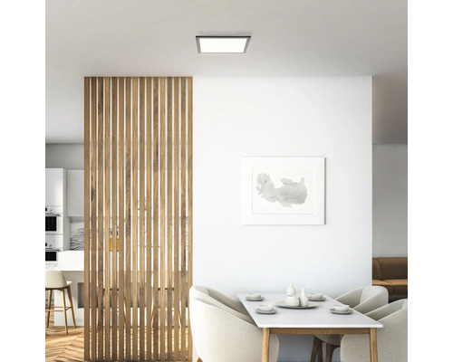 Moderne Wohnraumgestaltung mit Deckenleuchte, Esstisch und Raumteiler