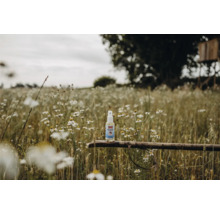 Insektenspray auf einem Holzstück in einer Blumenwiese