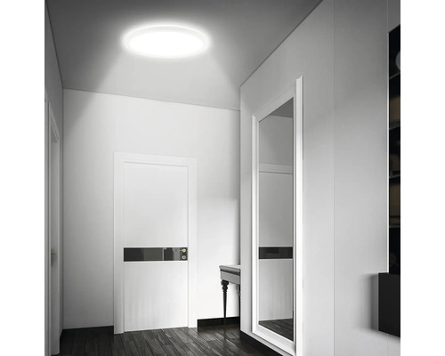 Flur mit Deckenleuchte, Tür und Spiegel