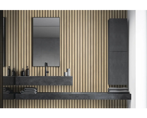 Badezimmer mit Waschbecken, Spiegel, Schrank und Holzpaneelwand