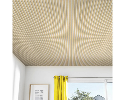 Decke mit Holzpaneelen in einem hellen Raum.