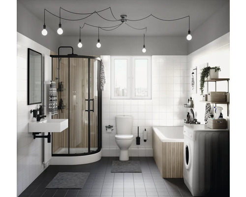 form&style Runddusche MOOREA black R550 90 x 90 cm Klarglas matt schwarz Modernes Badezimmer mit Dusche, Waschbecken, Toilette, Badewanne und Waschmaschine.