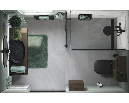 Draufsicht eines Badezimmers mit Waschtisch, Spiegel, Dusche und Toilette