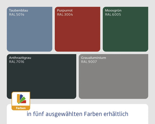 Farbauswahl in Taubenblau RAL 5014, Purpurrot RAL 3004, Moosgrün RAL 6005, Anthrazitgrau RAL 7016 und Graualuminium RAL 9007