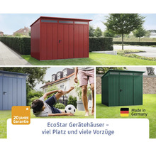 EcoStar Gerätehäuser in verschiedenen Farben und mit 20 Jahre Garantie.