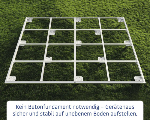 Metallrahmen für Gerätehaus als Fundament auf Rasen