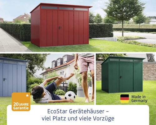 EcoStar Gerätehäuser in verschiedenen Farben im Garten mit 20 Jahre Garantie und Hergestellt in Deutschland Siegel.