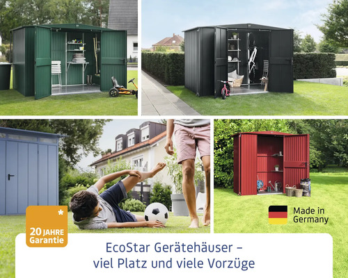 EcoStar Gerätehäuser in verschiedenen Farben und Größen mit 20 Jahre Garantie