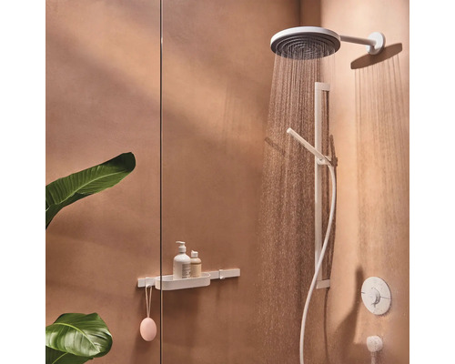 Badezimmer mit Duscharmatur, Handbrause, Duschregal und Pflegeprodukten