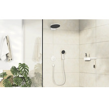 Helles Badezimmer mit Kopfbrause, Handbrause und Ablage