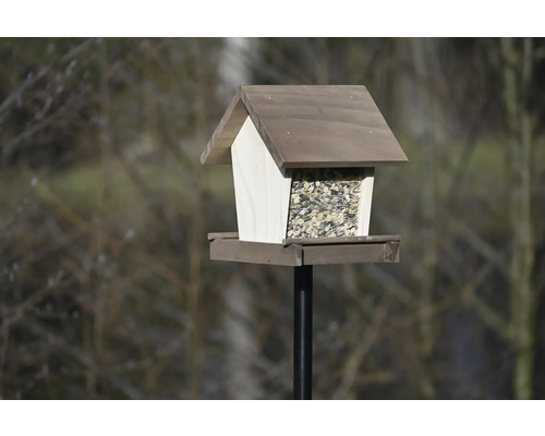 Vogelhaus mit Futtermittel auf einem Pfosten