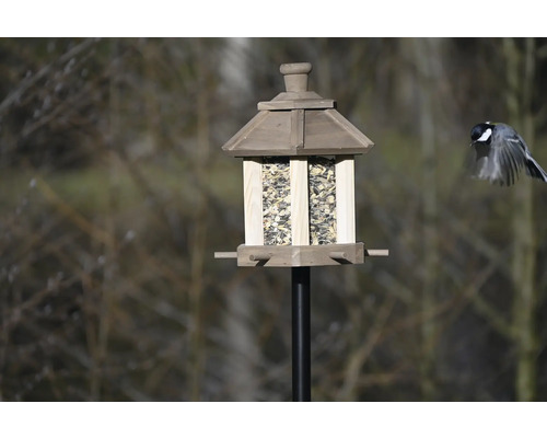 Vogelfutterhaus aus Holz mit Ständer und fliegendem Vogel
