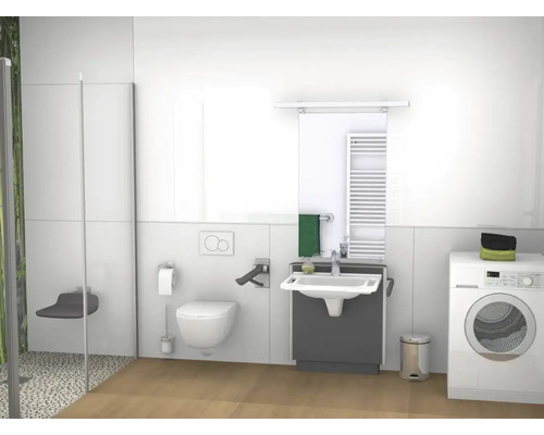 Barrierefreies Badezimmer mit Dusche, Toilette, Waschbecken, Spiegel und Waschmaschine.