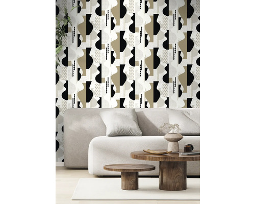 Wohnzimmer mit Sofa und abstrakter Vasentapete