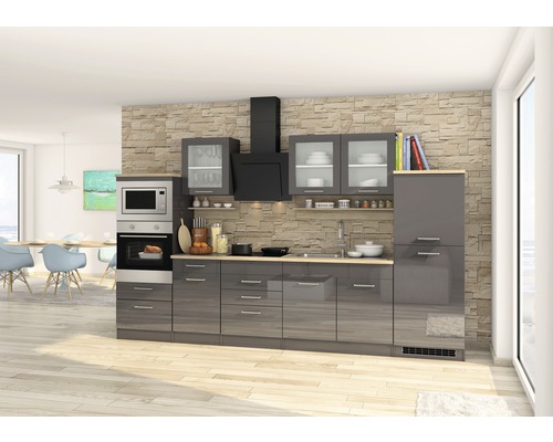 Held Möbel Küchenzeile mit Geräten Mailand 330 cm Frontfarbe grau hochglanz Korpusfarbe graphit zerlegt