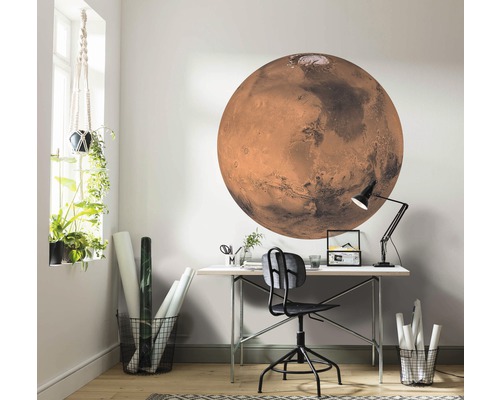 Dekoratives Arbeitszimmer mit einer Wandtapete des Planeten Mars über einem Schreibtisch.