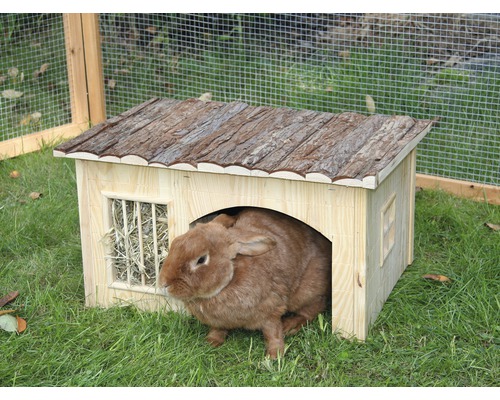 Kaninchen im Holzstall mit Heu