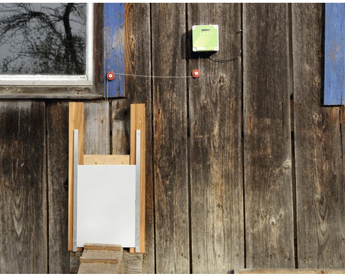 Automatische Hühnerklappe an einer Holzwand