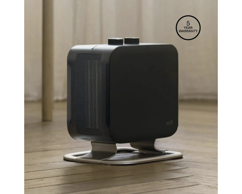 Schwarzer Keramik-Heizlüfter auf silbernem Sockel mit fünf Jahren Garantie