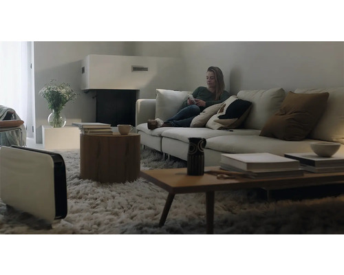 Wohnzimmer mit Sofa, Heizung und Teppich