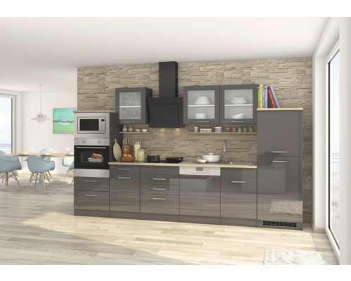 Held Möbel Küchenzeile mit Geräten Mailand 340 cm Frontfarbe grau hochglanz Korpusfarbe graphit zerlegt