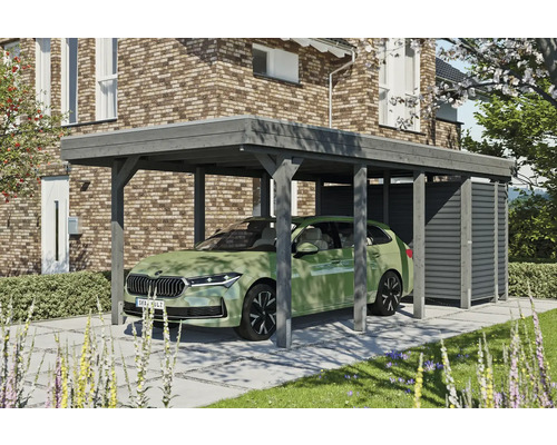 Einzelcarport SKAN HOLZ Friesland-Hybrid inkl. Abstellraum Aluminium, Pfostenanker 314 x 708 cm schiefer