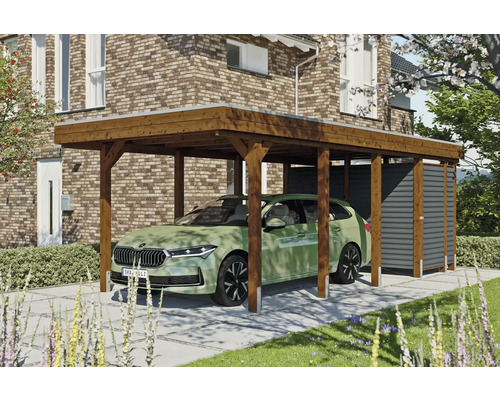 Einzelcarport SKAN HOLZ Friesland-Hybrid inkl. Abstellraum Aluminium, Pfostenanker 314 x 708 cm nussbaum