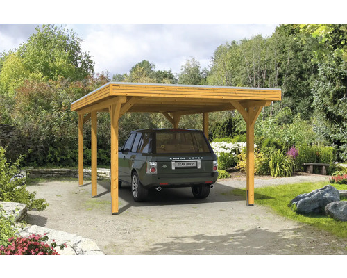 Einzelcarport SKAN HOLZ Spessart inkl. Pfostenanker 355 x 604 cm eiche hell Einzelcarport aus Holz mit Auto im Garten
