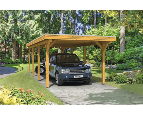 Einzelcarport SKAN HOLZ Spessart inkl. Pfostenanker 355 x 846 cm eiche hell Holzcarport mit Auto im Garten