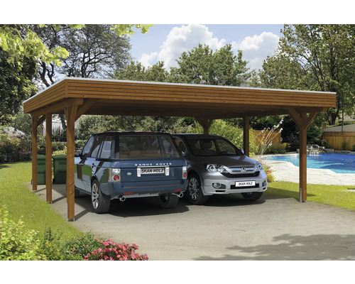 Doppelcarport SKAN HOLZ Spessart inkl. Pfostenanker 611 x 604 cm nussbaum