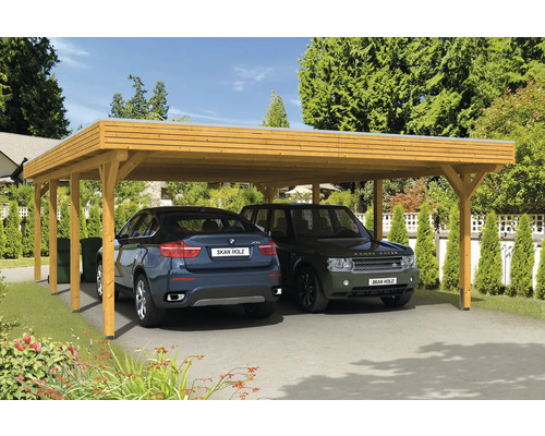 Doppelcarport SKAN HOLZ Spessart inkl. Pfostenanker 611 x 846 cm eiche hell Doppelcarport aus Holz mit zwei geparkten Autos
