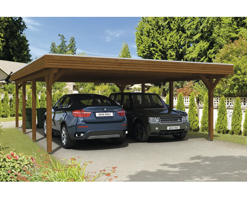 Doppelcarport SKAN HOLZ Spessart inkl. Pfostenanker 611 x 846 cm nussbaum