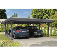 Doppelcarport aus Holz mit zwei geparkten Autos