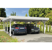 Doppelcarport aus Holz mit zwei geparkten Autos