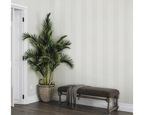 Dekorative Szene mit Zimmerpflanze im Korb und Sitzbank mit Überwurf