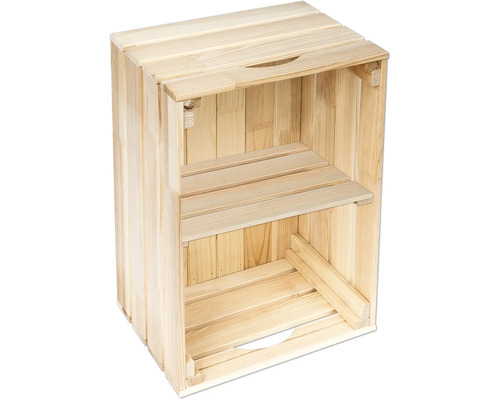 Holzkiste mit einem Regalbrett zur Aufbewahrung