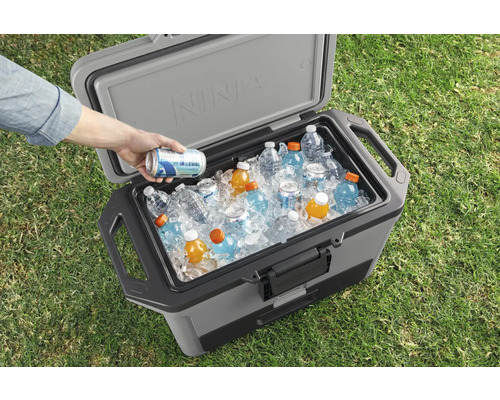 Geöffnete Kühlbox gefüllt mit Getränken und Eis auf Rasen