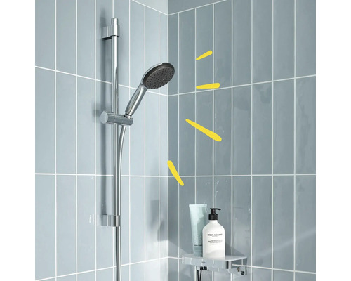 Brausegarnitur im Badezimmer mit Duschgel und Shampoo