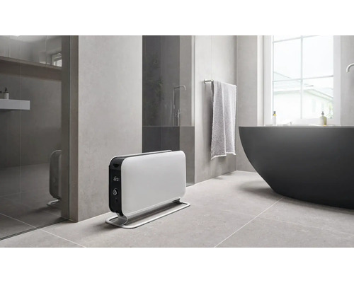 Badezimmer mit freistehender Badewanne, Dusche und Heizkörper