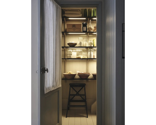 Einblick in eine Vorratskammer mit Regalen, gefüllt mit Lebensmitteln und Vorräten, beleuchtet durch LED-Streifen, mit einer Leiter für den Zugang