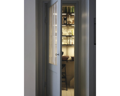 Offene Vorratsschranktür mit Regalen und Lebensmitteln in Gläsern