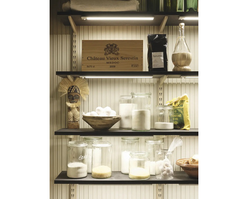 Regalsystem mit Lebensmitteln in Gläsern und einer Weinkiste